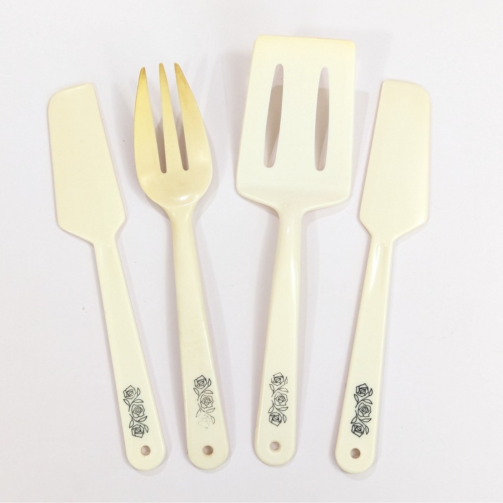 Vtg NORPLAC Nylon Serving Utensils Fork Spatula Turner Black Roses Beige 4 Piece